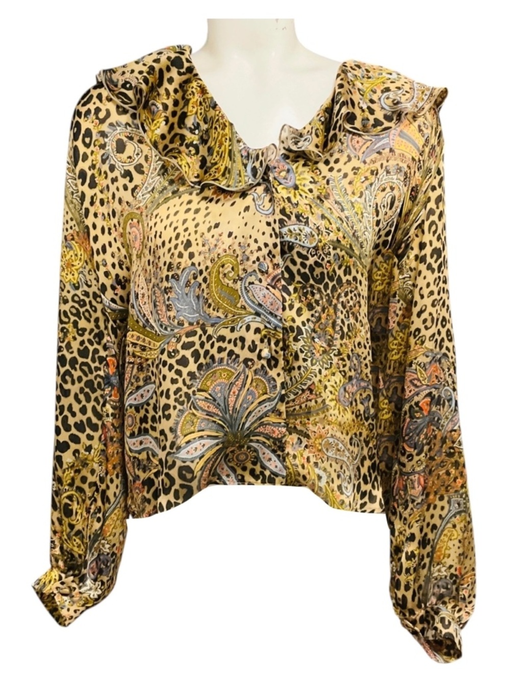 Etro Beige Multi Paisley and Leopard Print Ruffled Collar Moro Silk Shirt